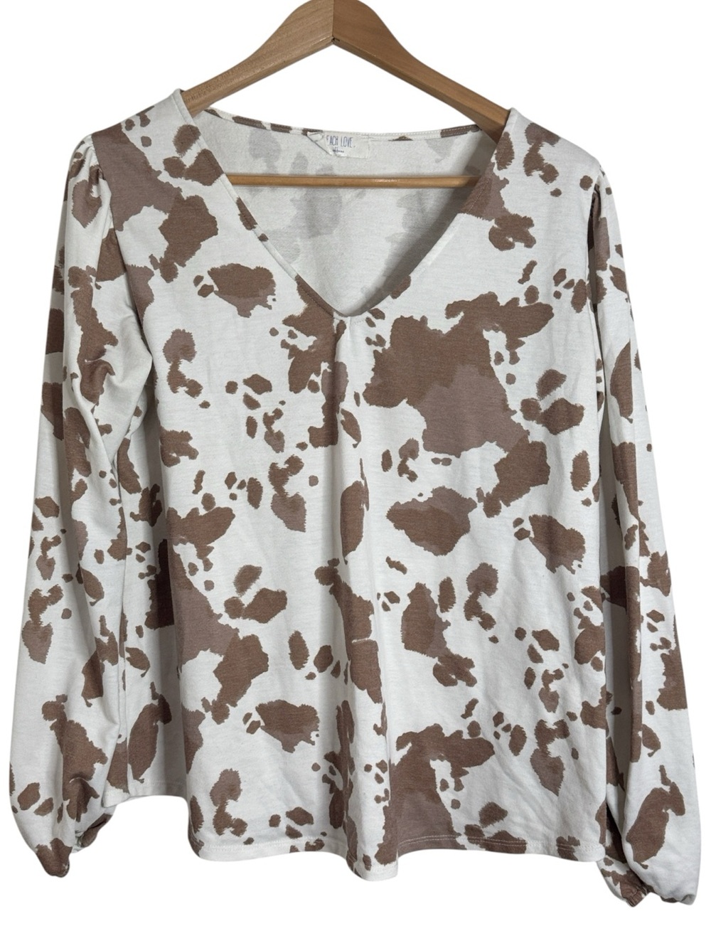 Peach Love California V-Neck Brown Cow Print Long Sleeve Tee Coastal Cowgirl L